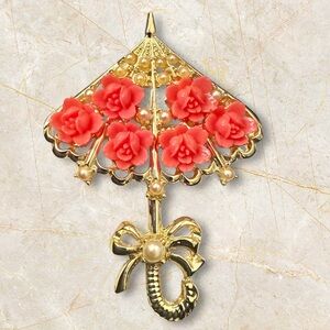 ☂️ Vintage Parasol Brooch | Gold Filigree Umbrella w/ Coral Roses & Pearl Bow